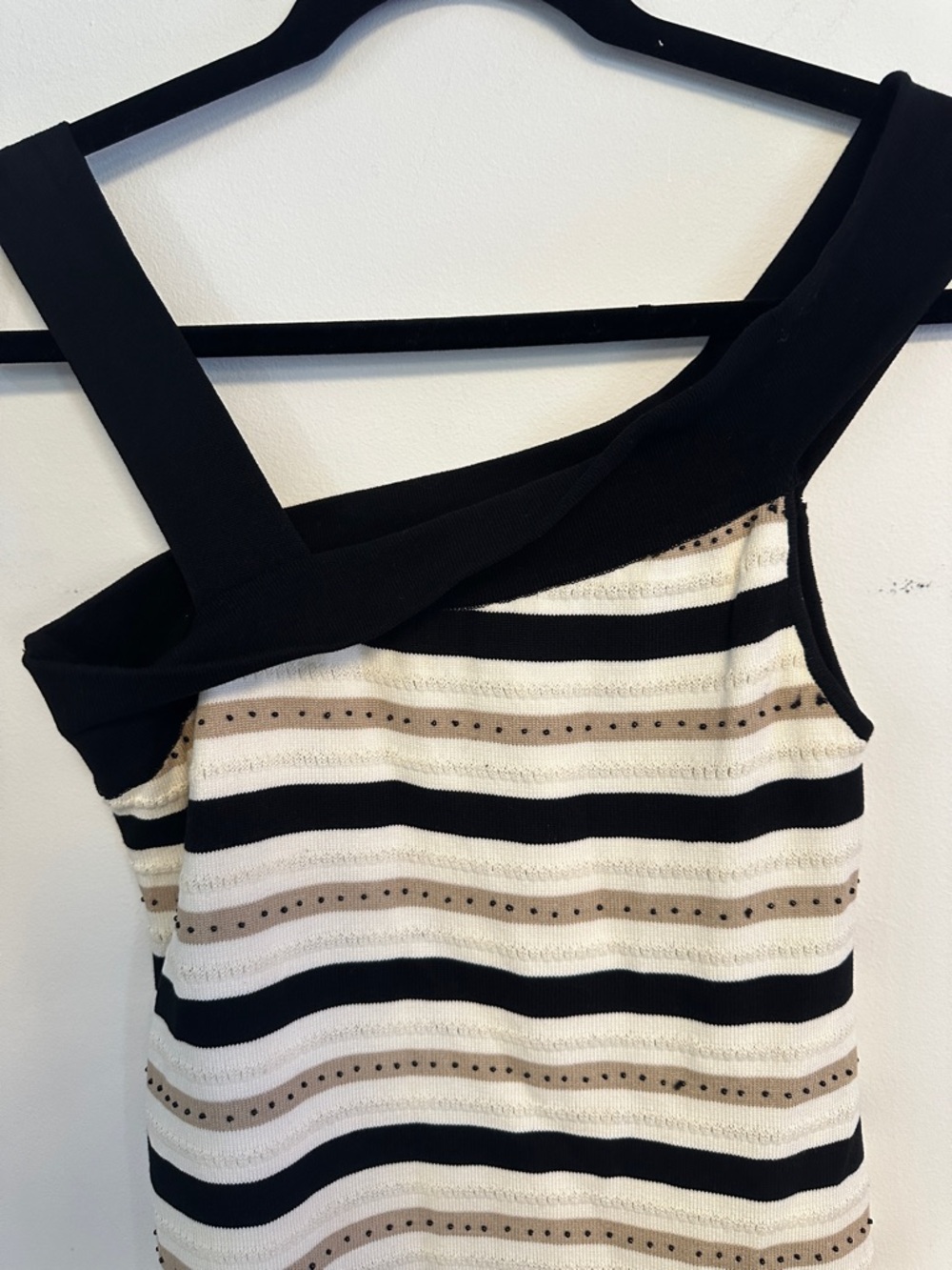 Asymmetrical One-Shoulder Striped Knit Dress in Black and Cream - Picture 3 of 5